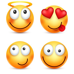 Smiley,smiling emoticon. Yellow face with emotions. Facial expression. 3d realistic emoji. Funny cartoon character.Mood. Web icon. Vector illustration.