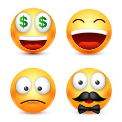 Smiley,smiling emoticon. Yellow face with emotions. Facial expression. 3d realistic emoji. Funny cartoon character.Mood. Web icon. Vector illustration.