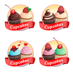 Set emblems or stickers cupcakes with red ribbon. Isolated. Sweet pastries decorated with cream. Vector illustration. 3D.