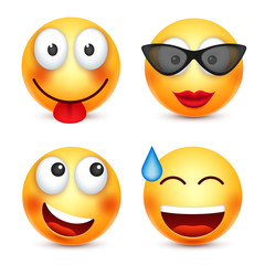 Fototapeta premium Smiley,smiling emoticon. Yellow face with emotions. Facial expression. 3d realistic emoji. Funny cartoon character.Mood. Web icon. Vector illustration.