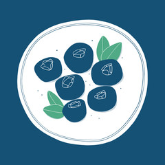 Cartoon bilberries on the plate. Blueberry vector illustration 