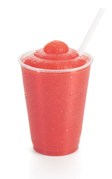 Raspberry or Cherry Smoothie with Straw on White Background