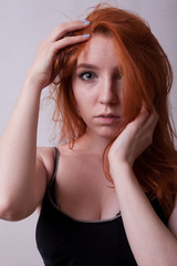 Gorgeous Sexy Busty Redhead Woman In Studio Photo On Gray Background Sexuality And Sensuality Gorgeous Sexy Busty Redhead Woman In Studio Photo On Gray Background Sexuality And Sensuality