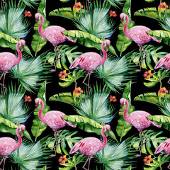 Fototapeta premium Seamless watercolor illustration of tropical leaves, dense jungle and pink flamingo birds. Pattern with tropic summertime motif may be used as background texture, wrapping paper, textile,wallpaper.