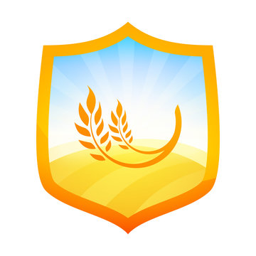 Orange Badge with Farm Field of Wheat on Shield