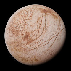 Europa, moon of the planet Jupiter in natural colours, isolated on black background