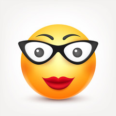Smiley with glasses,smiling emoticon. Yellow face with emotions. Facial expression. 3d realistic emoji. Funny cartoon character.Mood. Web icon. Vector illustration.