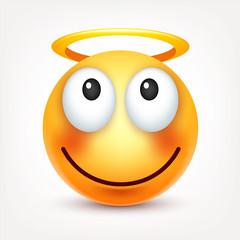 Smiley,smiling emoticon. Yellow face with emotions. Facial expression. 3d realistic emoji. Funny cartoon character.Mood. Web icon. Vector illustration.