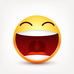 Smiley,smiling emoticon. Yellow face with emotions. Facial expression. 3d realistic emoji. Funny cartoon character.Mood. Web icon. Vector illustration.