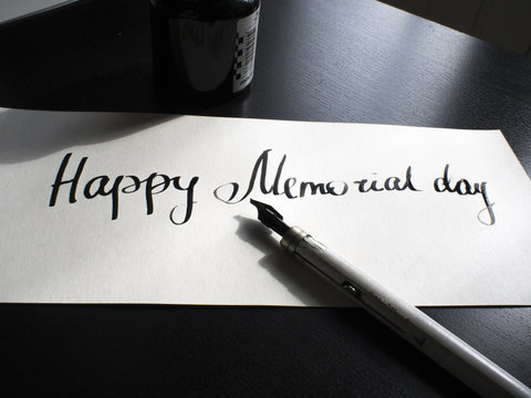 Happy Memorial day calligraphy and lettering post card. Perspective view. The first hard.