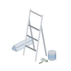 Metal ladder and equipment’s. Roller, glue, wallpaper roll. Isometric view. Vector illustration.