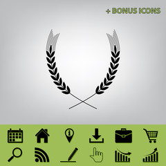 Wheat sign illustration. Spike. Spica. Vector. Black icon at gray background with bonus icons at celery ones