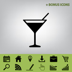 Cocktail sign illustration. Vector. Black icon at gray background with bonus icons at celery ones