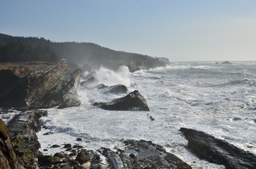 Fototapeta premium Giant Storm Waves Breaking Against Rocky Cliffs In Shore Acres State Park, Oregon
