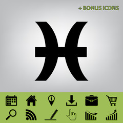 Pisces sign illustration. Vector. Black icon at gray background with bonus icons at celery ones