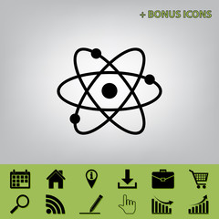 Atom sign illustration. Vector. Black icon at gray background with bonus icons at celery ones