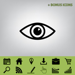 Eye sign illustration. Vector. Black icon at gray background with bonus icons at celery ones
