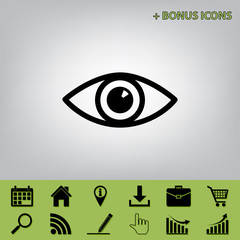 Obraz premium Eye sign illustration. Vector. Black icon at gray background with bonus icons at celery ones