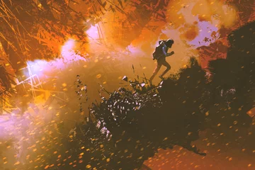 Fototapeten Digitale Kunst des Wanderers, der im Berg spaziert, mit Explosionseffekt, Illustrationsmalerei © grandfailure