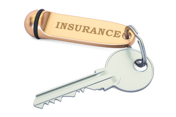 Insurance concept, key with keychain. 3D rendering
