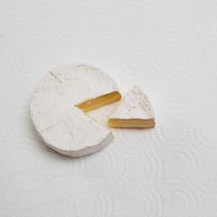 Fresh slice Camembert cheese natural, on white paper