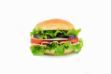 Fresh sandwich with vegetables and ham isolated on white background