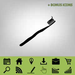 Toothbrush with applied toothpaste portion. Vector. Black icon at gray background with bonus icons at celery ones