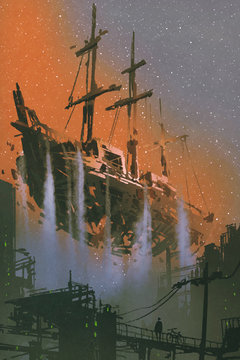 the wrecked pirate ship with waterfalls floating in the sky above futuristic city with digital art style, illustration painting