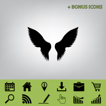 Wings sign illustration. Vector. Black icon at gray background with bonus icons at celery ones