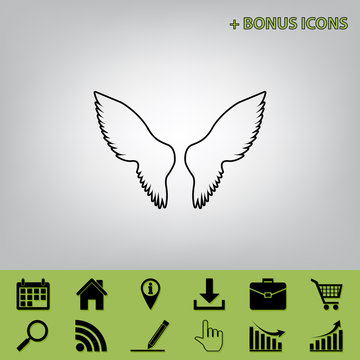 Wings sign illustration. Vector. Black icon at gray background with bonus icons at celery ones