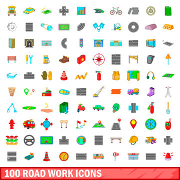 100 Roadwork Icons Set, Cartoon Style