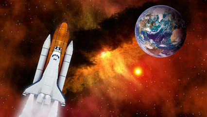 Space shuttle spaceship launch spacecraft planet Earth rocket ship mission universe. Elements of...