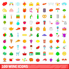 100 wine icons set, cartoon style