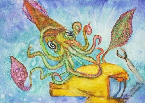 Giant squid attacking a submersible. A hand drawn watercolor image © natagri