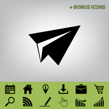 Paper airplane sign. Vector. Black icon at gray background with bonus icons at celery ones
