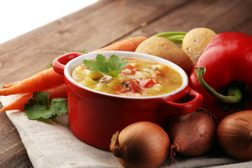 Barley and vegetable thick healthy soup. Krupnik thick Polish soup made from vegetable or broth, containing potatoes and barley groats