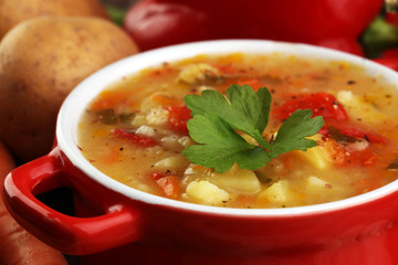 Barley and vegetable thick healthy soup. Krupnik thick Polish soup made from vegetable or broth, containing potatoes and barley groats