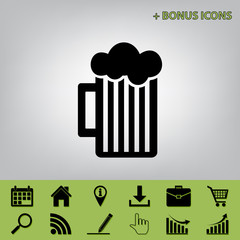 Glass of beer sign. Vector. Black icon at gray background with bonus icons at celery ones