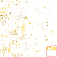 Vector Falling Notes Background. Frame of Treble Clefs, Bass Clefs and Musical Notes. Gold Musical Symbols of Different Size on White Background