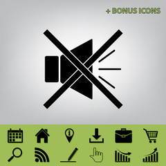 Sound sign illustration with mute mark. Vector. Black icon at gray background with bonus icons at celery ones