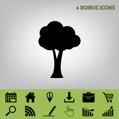 Tree sign illustration. Vector. Black icon at gray background with bonus icons at celery ones