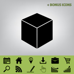 Cube sign illustration. Vector. Black icon at gray background with bonus icons at celery ones