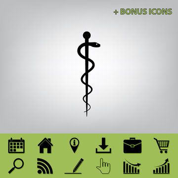 Symbol of the Medicine. Vector. Black icon at gray background with bonus icons at celery ones