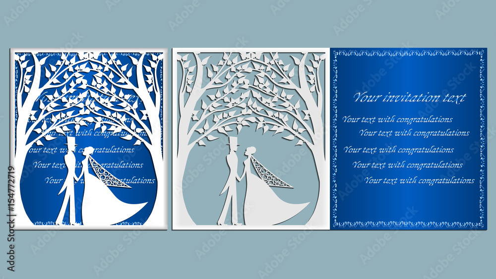 Wall mural Vector illustration Postcard. Invitation and greeting card with With the groom and the bride under the trees. Pattern for the laser cut, boy and girl.