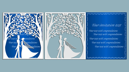 Vector illustration Postcard. Invitation and greeting card with With the groom and the bride under the trees. Pattern for the laser cut, boy and girl.