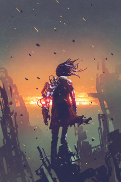 sci-fi concept of the man with robotic arm standing on ruined buildings looking at sunset sky with digital art style, illustration painting