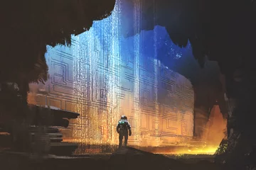  sci-fi concept of the astronaut looking at pattern on the rock wall in the cave with digital art style, illustration painting © grandfailure