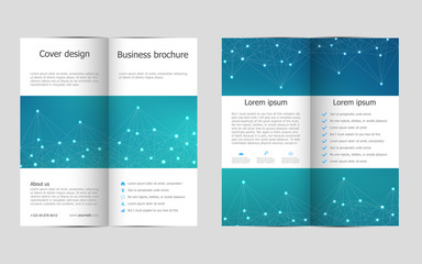 Bi-fold business brochure template with molecular structure background, vector illustration