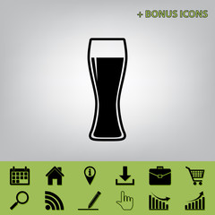 Beer glass sign. Vector. Black icon at gray background with bonus icons at celery ones