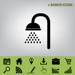 Shower sign. Vector. Black icon at gray background with bonus icons at celery ones